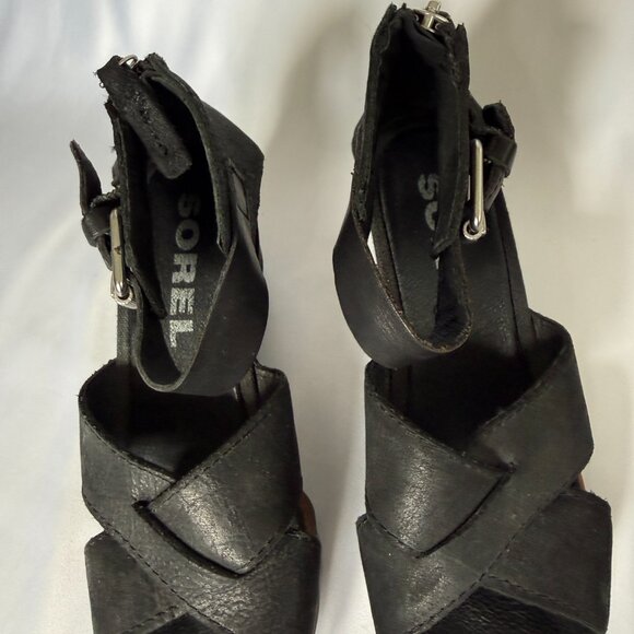 Sorel Joanie II Ankle Strap Wedge Sandals Black Leather Size 6.5 - Picture 3 of 7
